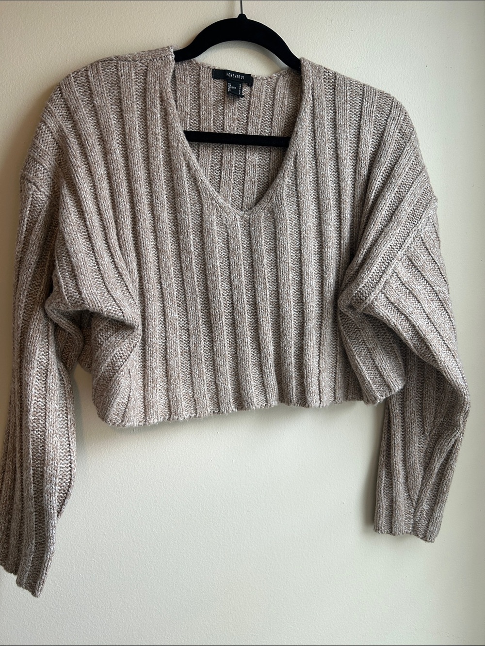 Forever 21 V-Neck Ribbed Cropped Sweater - Taupe